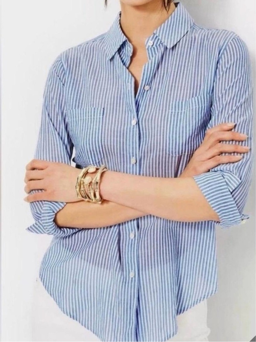 Lilly Pulitzer Sea View Button Down Blouse Coastal Blue Stripe Size XXS Cotton